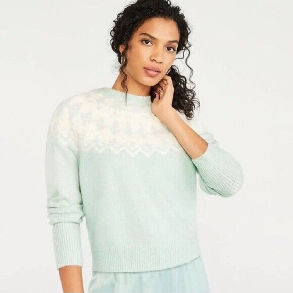 Ann Taylor Fair Isle Sweater Sz LP Mock Neck Mint Green Cozy Soft Pastel NEW